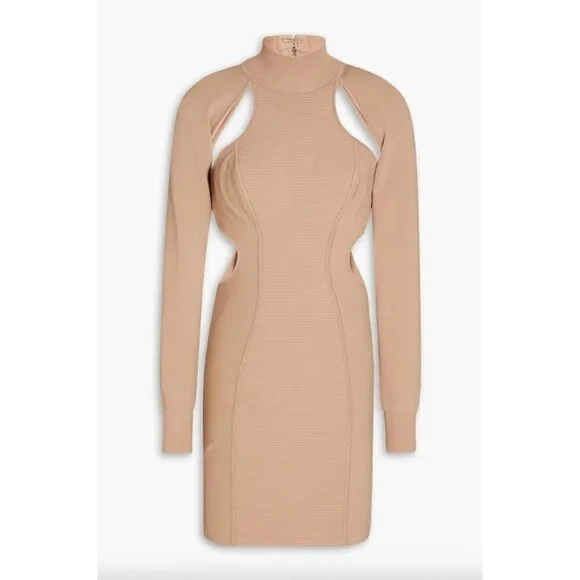 HERVE LEGER Ottoman Cutout Long Sleeve Minidress Fawn Womens Size Large - Picture 13 of 13